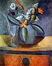 Haga click para ver la imagen ampliada flowers in a grey jug and wine-glass with spoon 1908.jpg
